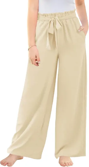 Haloumoning Girls Wide Leg Pants High Elastic Smocked Waist Casual Flowy Cute Long Trousers