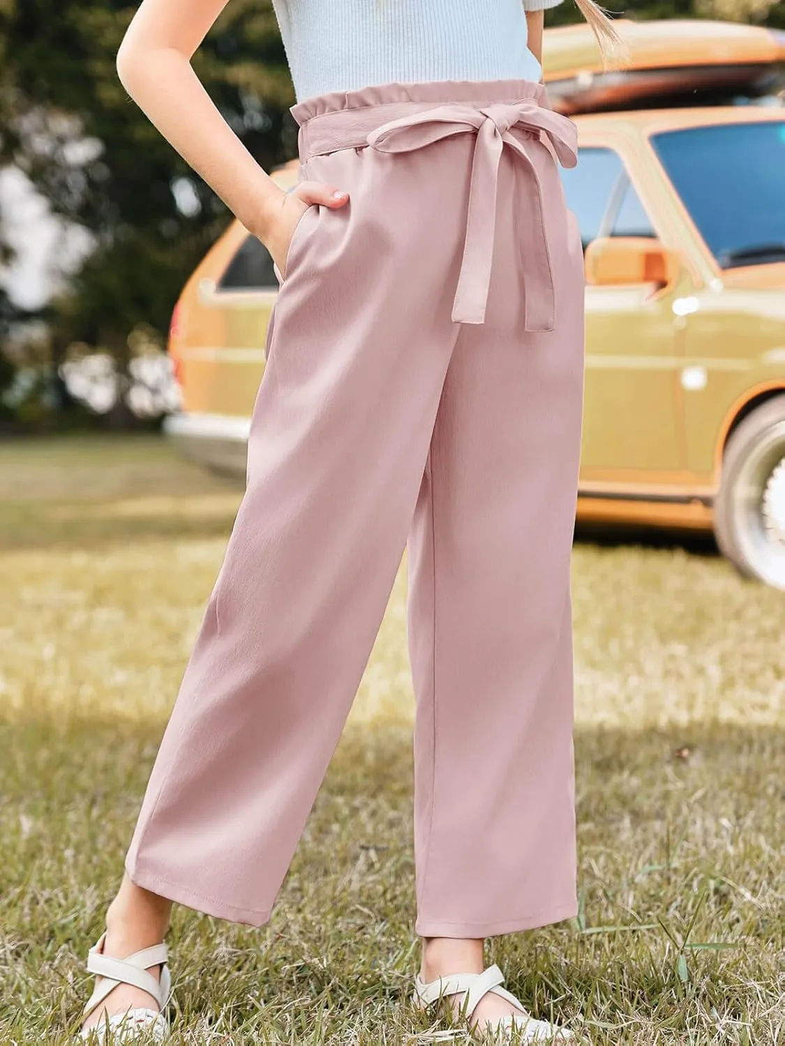 Haloumoning Girls Wide Leg Pants High Elastic Smocked Waist Casual Flowy Cute Long Trousers