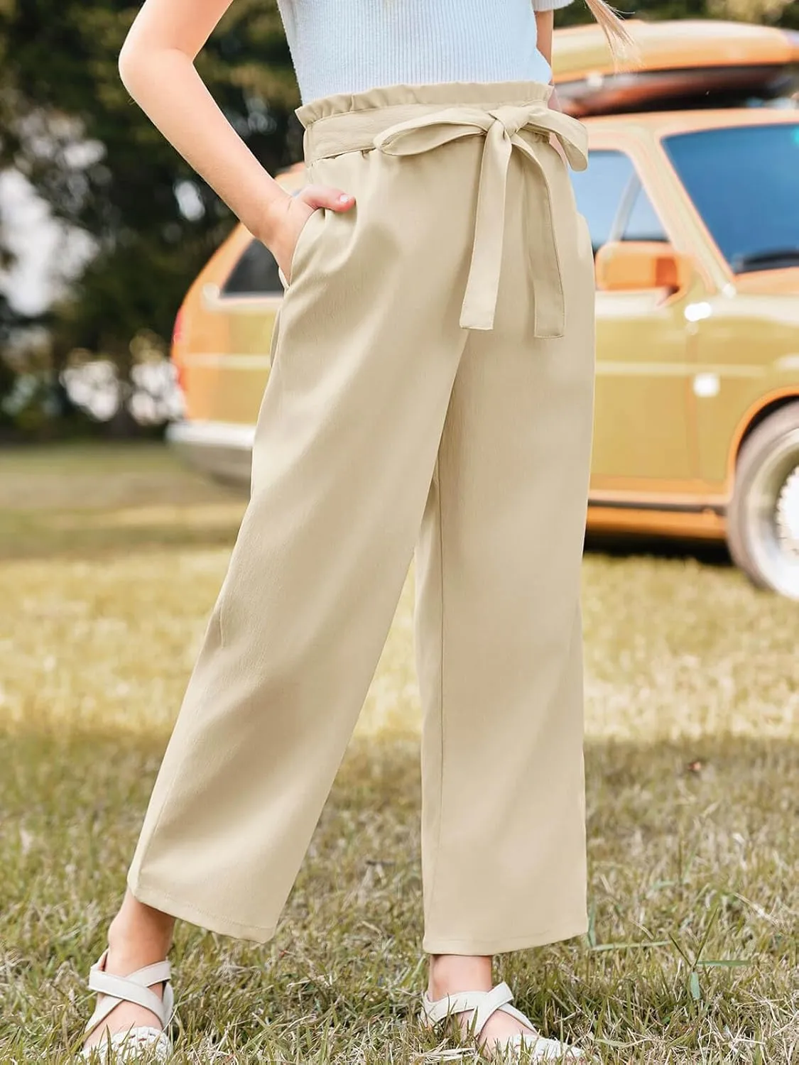 Haloumoning Girls Wide Leg Pants High Elastic Smocked Waist Casual Flowy Cute Long Trousers