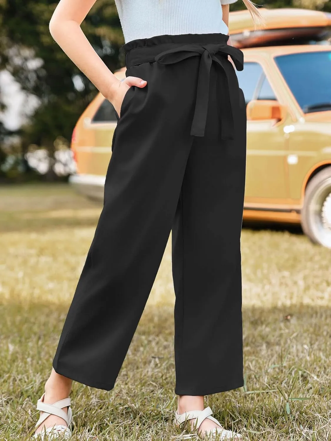 Haloumoning Girls Wide Leg Pants High Elastic Smocked Waist Casual Flowy Cute Long Trousers