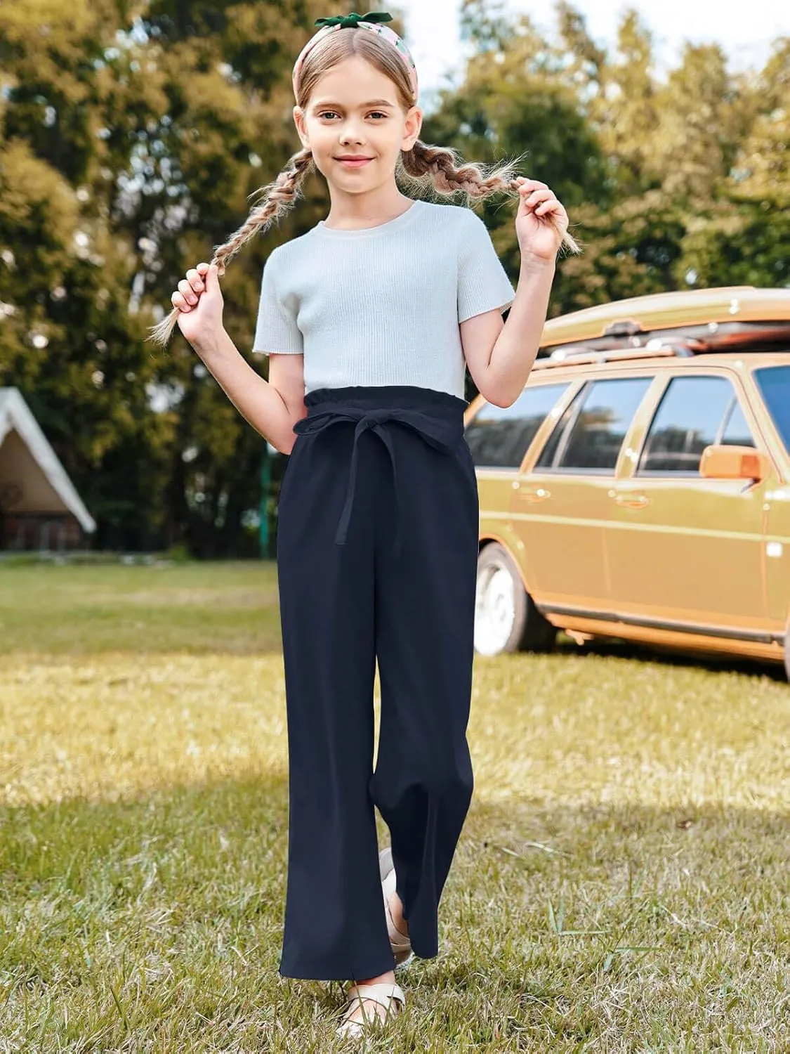 Haloumoning Girls Wide Leg Pants High Elastic Smocked Waist Casual Flowy Cute Long Trousers