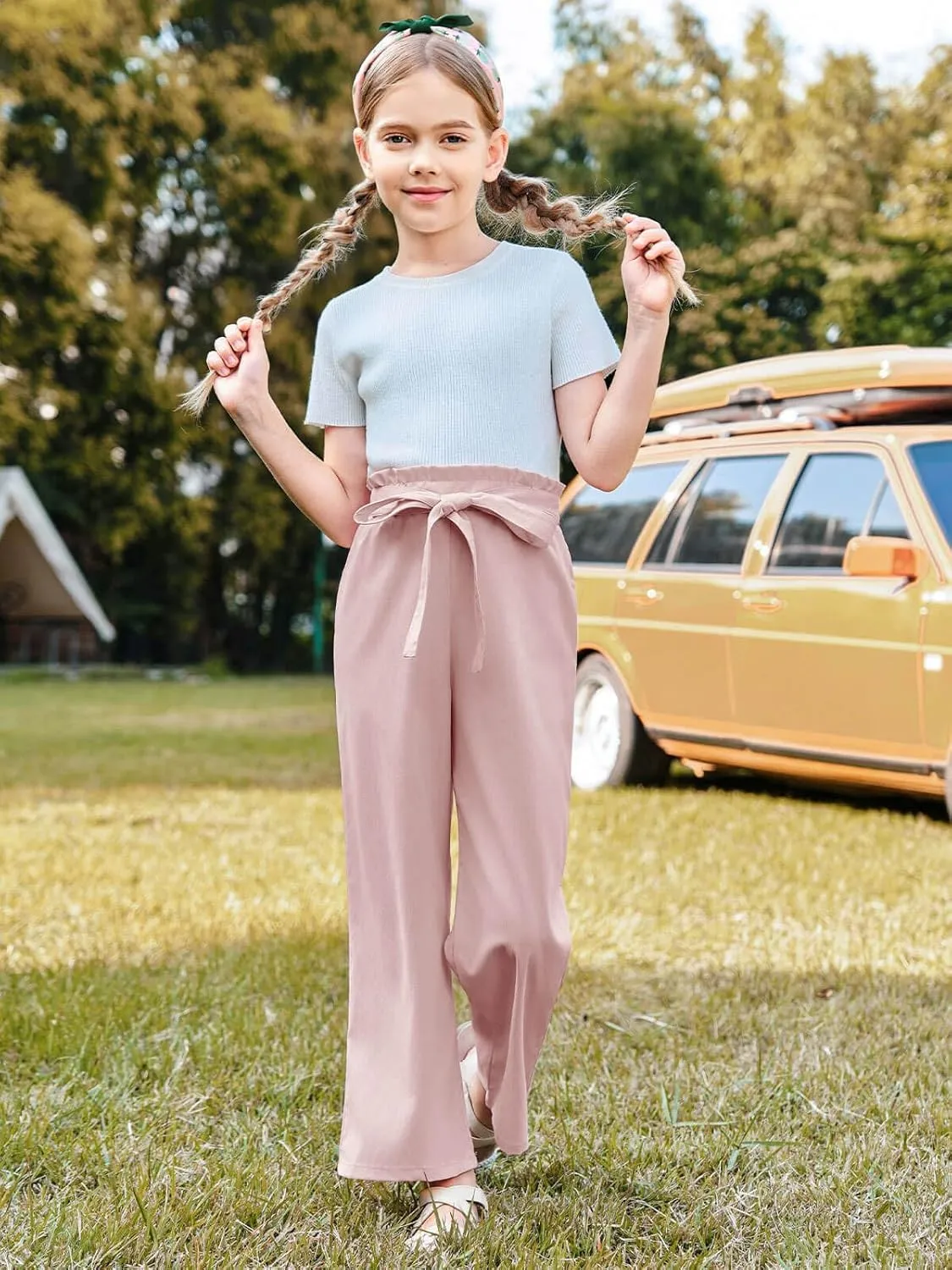 Haloumoning Girls Wide Leg Pants High Elastic Smocked Waist Casual Flowy Cute Long Trousers