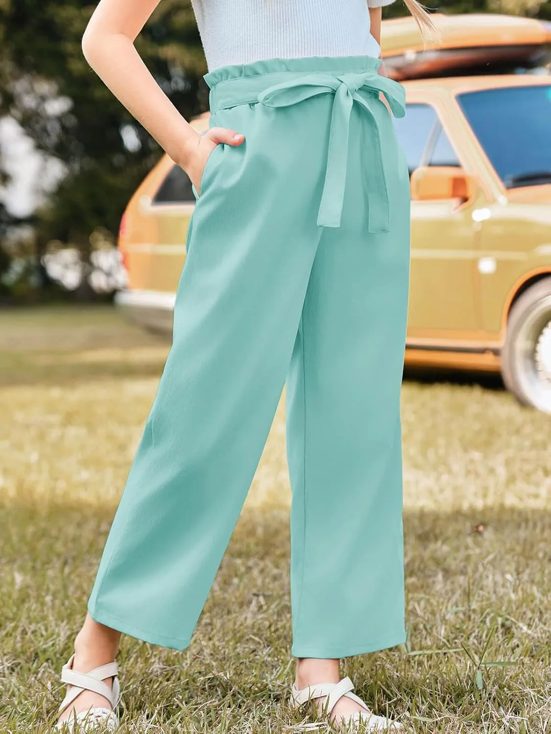 Haloumoning Girls Wide Leg Pants High Elastic Smocked Waist Casual Flowy Cute Long Trousers