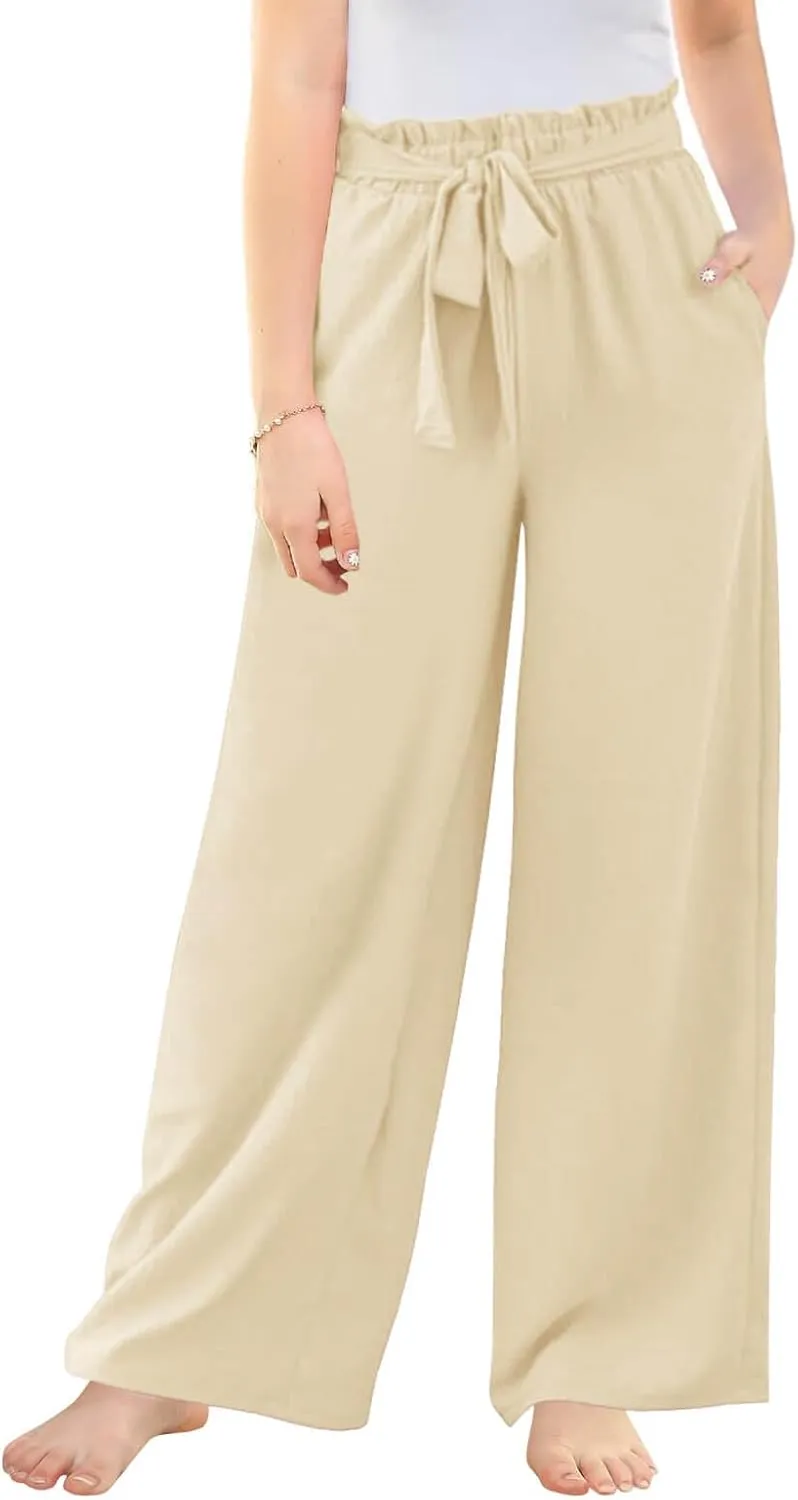 Haloumoning Girls Wide Leg Pants High Elastic Smocked Waist Casual Flowy Cute Long Trousers