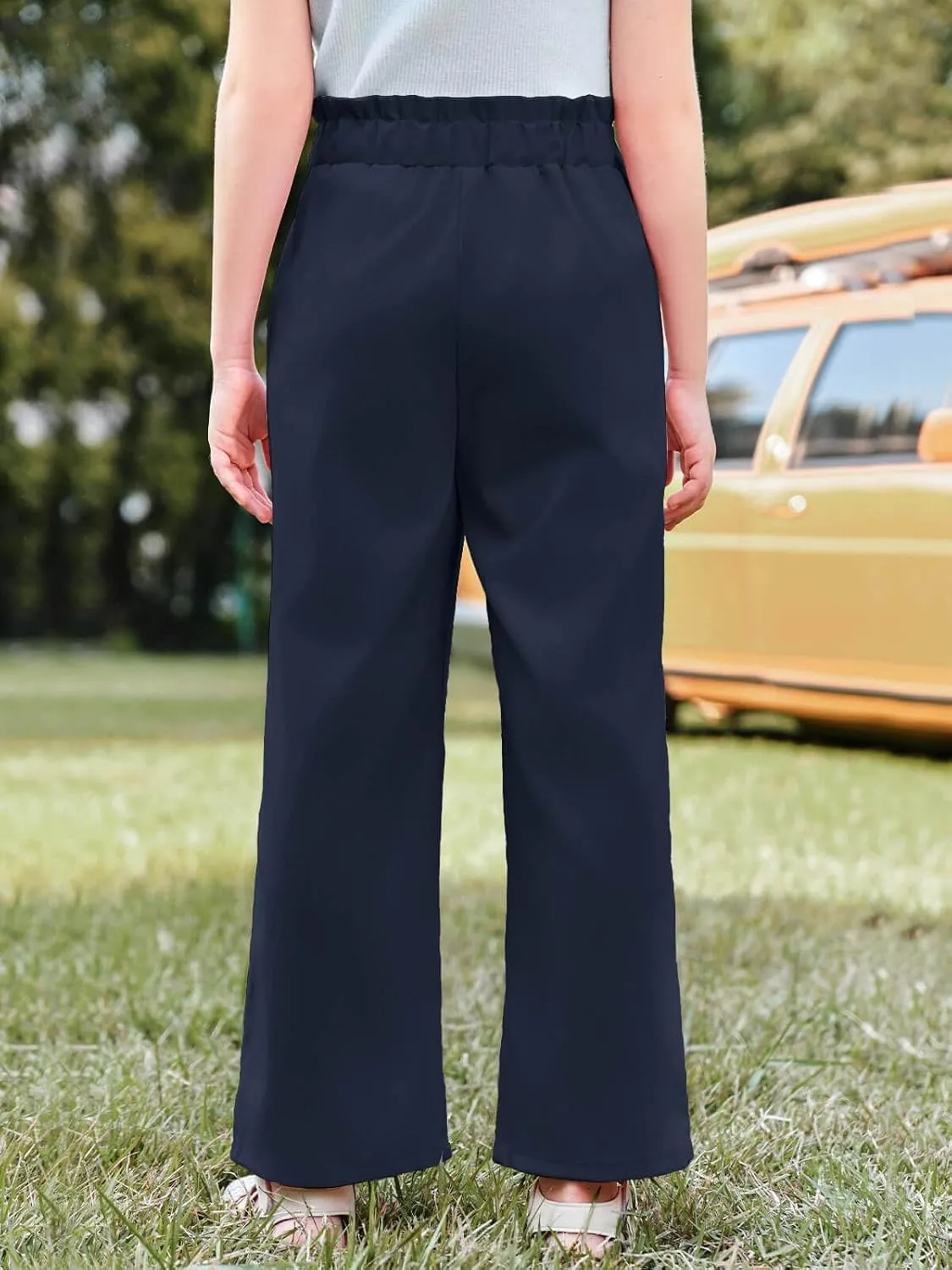 Haloumoning Girls Wide Leg Pants High Elastic Smocked Waist Casual Flowy Cute Long Trousers