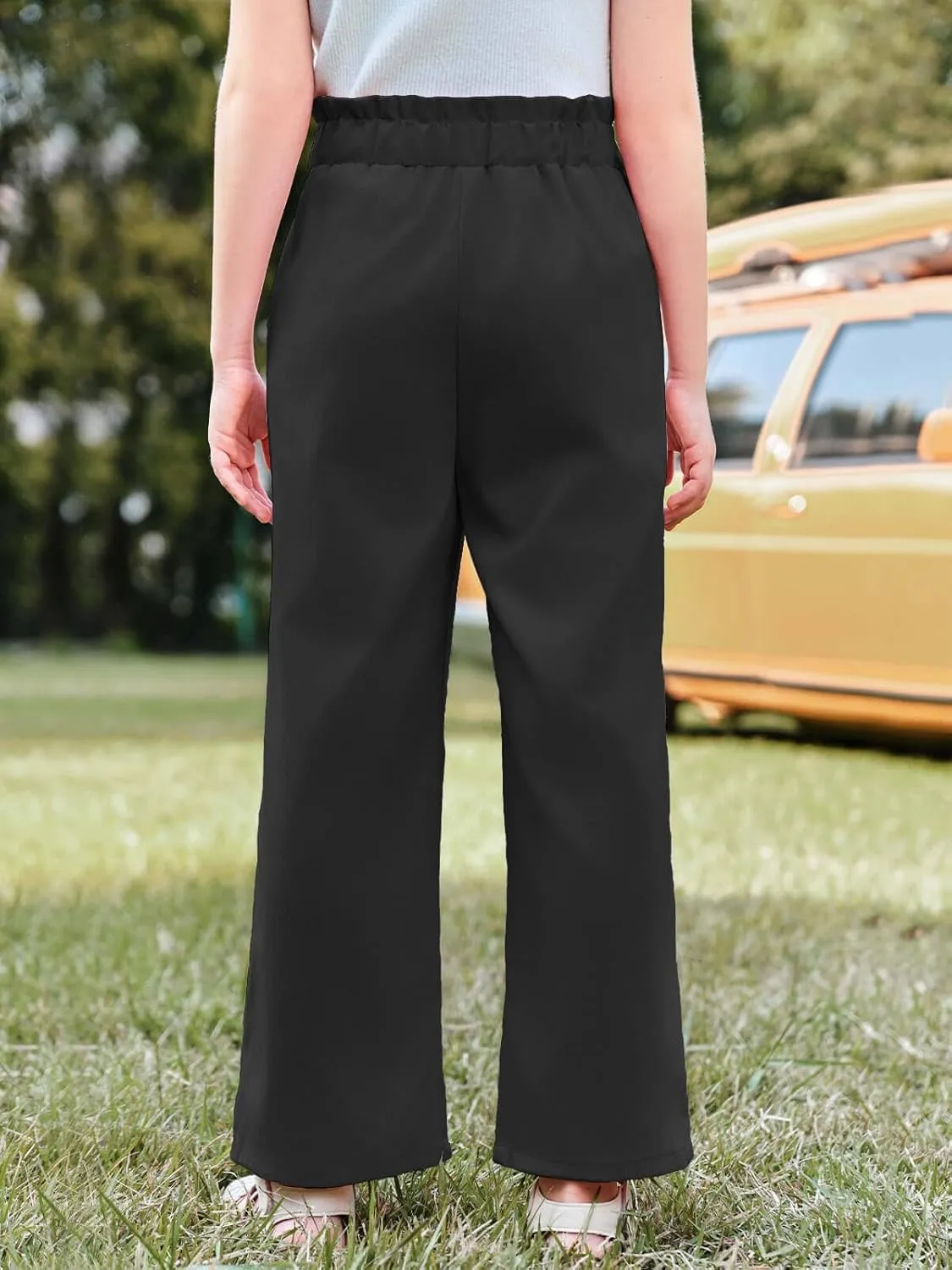 Haloumoning Girls Wide Leg Pants High Elastic Smocked Waist Casual Flowy Cute Long Trousers