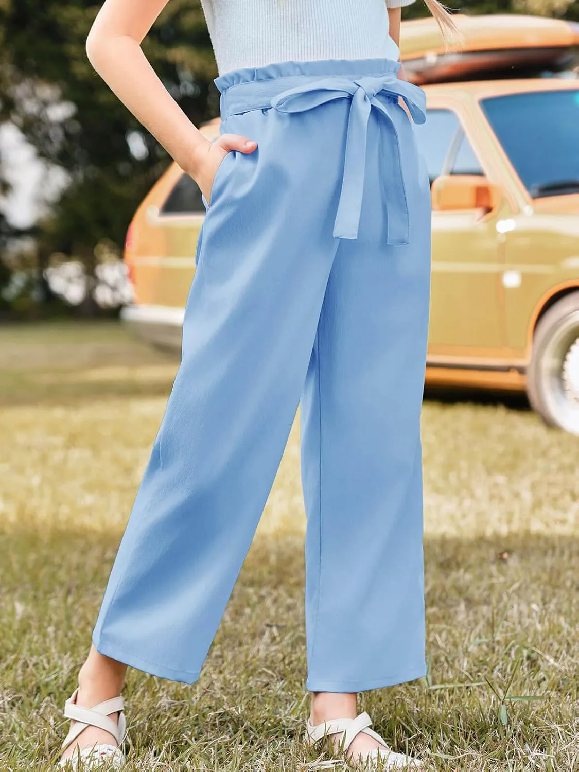 Haloumoning Girls Wide Leg Pants High Elastic Smocked Waist Casual Flowy Cute Long Trousers
