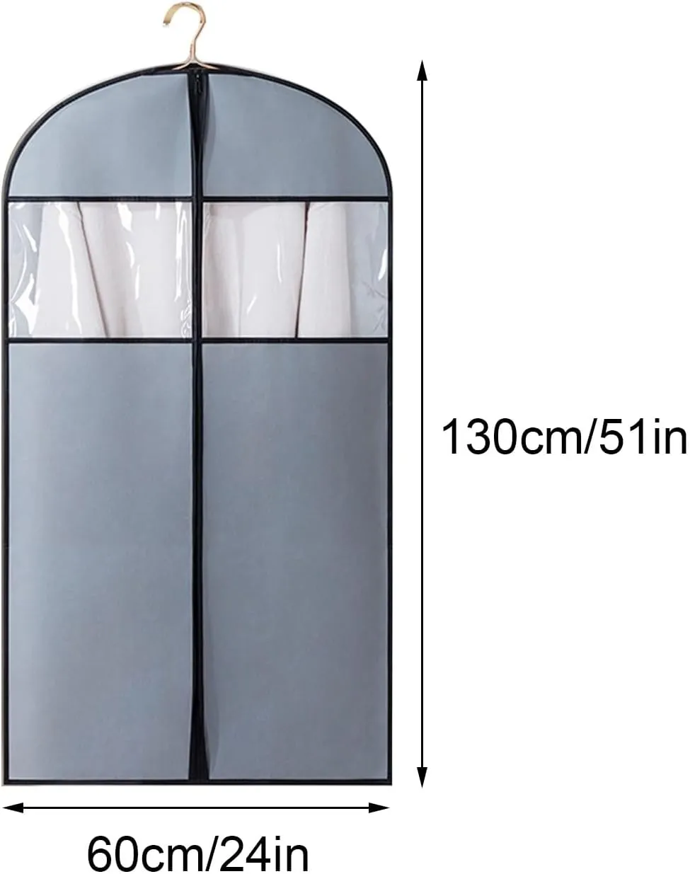 Hanging Garment Bag, Clothes Plastic Cover with Transparent Window, Metal Zipper, Bottom Closure, Suitable for Shirts, Jackets, Sweaters(60x130cm x51in)