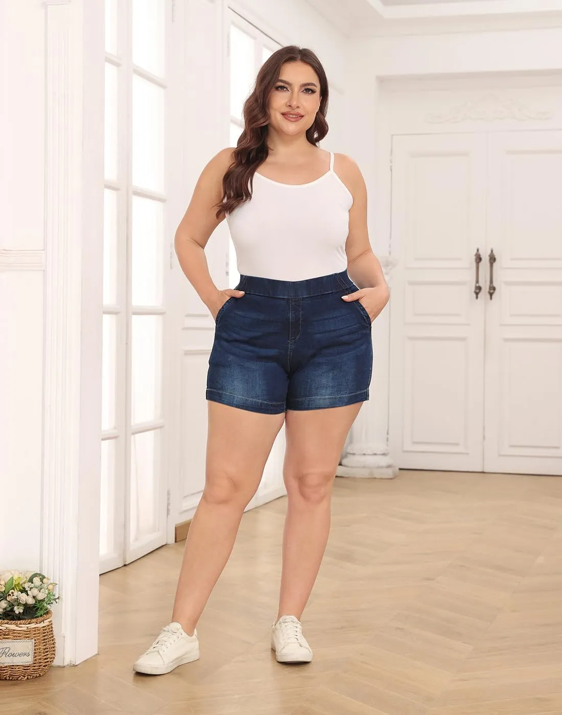 HDE Women's Plus Size Jean Shorts High Waisted Stretch Denim Pull On Shorts