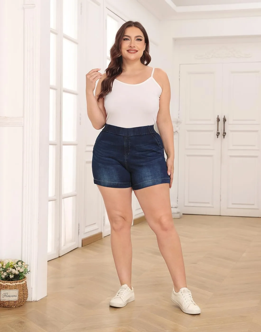 HDE Women's Plus Size Jean Shorts High Waisted Stretch Denim Pull On Shorts