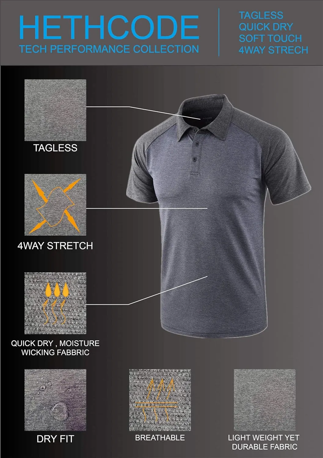 HETHCODE Men's Quick Dry Short Sleeve Breathable Active Sports Athletic Golf Polo Tee Shirts