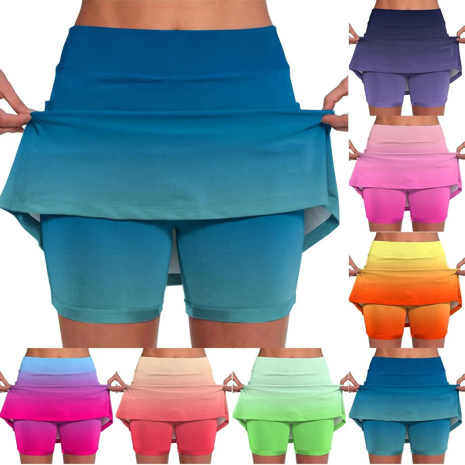 HGps8w Women's Gradient Tennis Skirt with Bulit in Shorts, Mid Waist Workout Running Golf Athletic Activewear Skorts