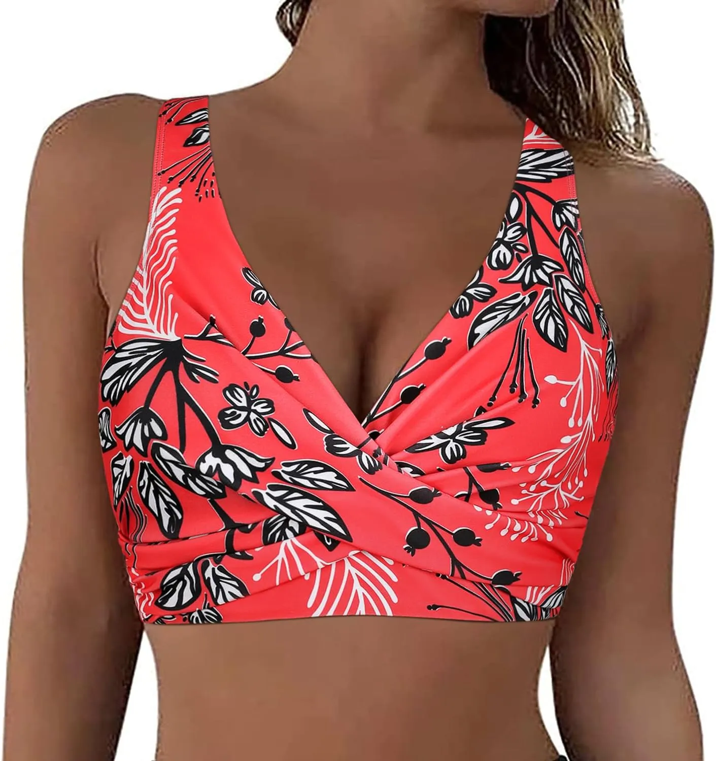 Hilor Women's Underwire Bikini Tops Push Up Criss Cross Swim Top Swimsuit Sexy V Neck Bikini Bathing Suit Top Only