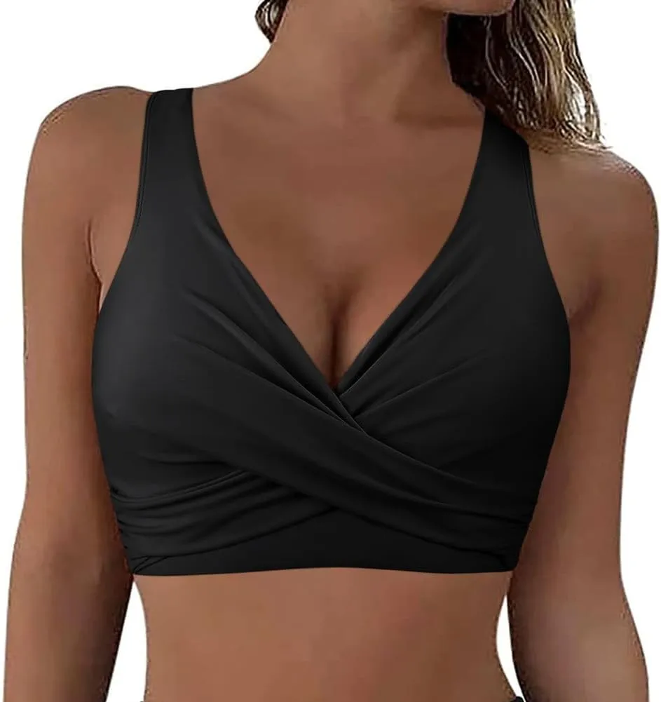 Hilor Women's Underwire Bikini Tops Push Up Criss Cross Swim Top Swimsuit Sexy V Neck Bikini Bathing Suit Top Only