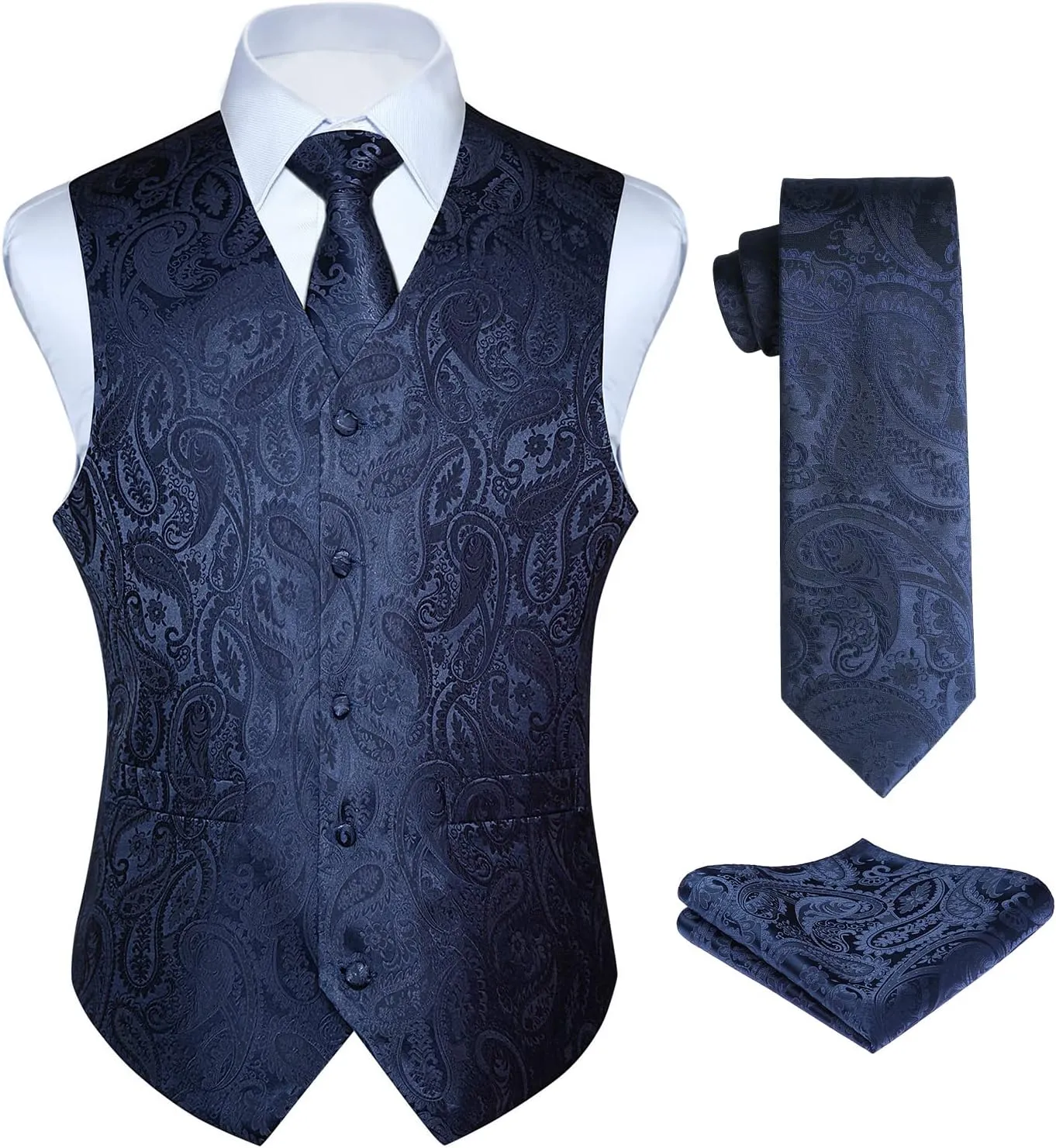 HISDERN Men's Vest Tie Set Paisley Floral Jacquard Necktie Pocket Square 3PCS Waistcoat for Suit or Tuxedo Wedding Party