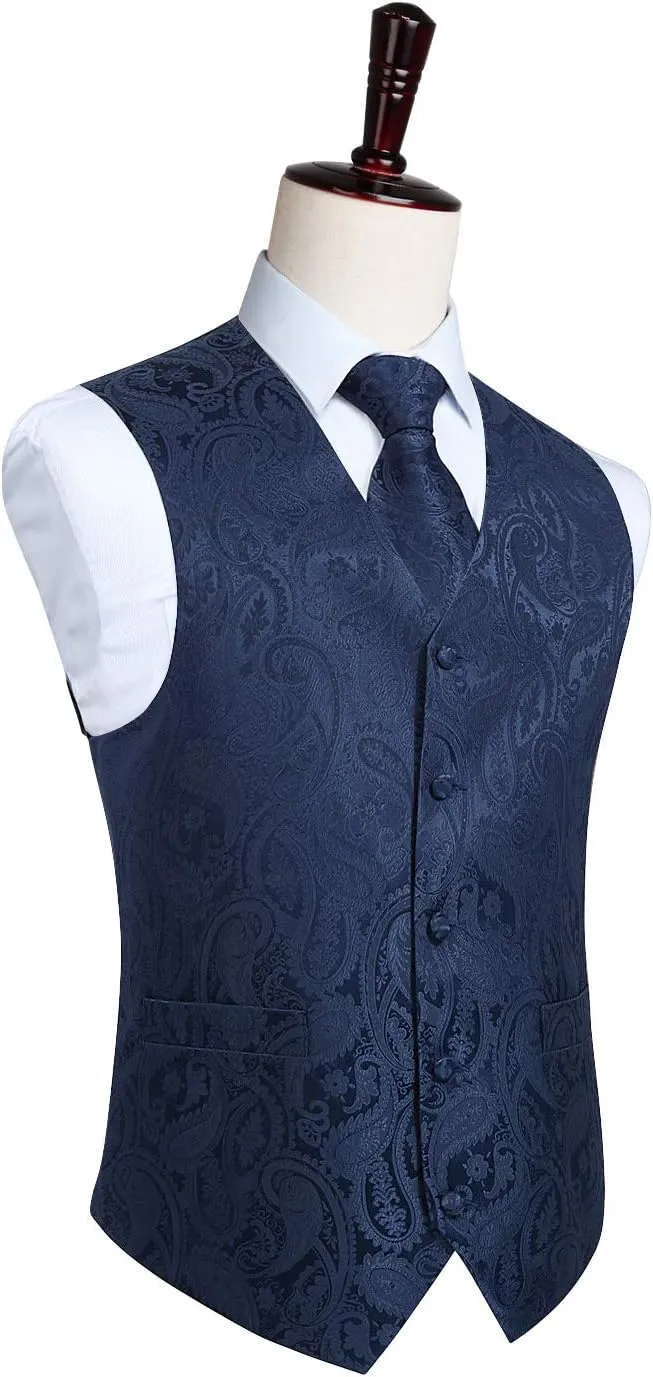HISDERN Men's Vest Tie Set Paisley Floral Jacquard Necktie Pocket Square 3PCS Waistcoat for Suit or Tuxedo Wedding Party