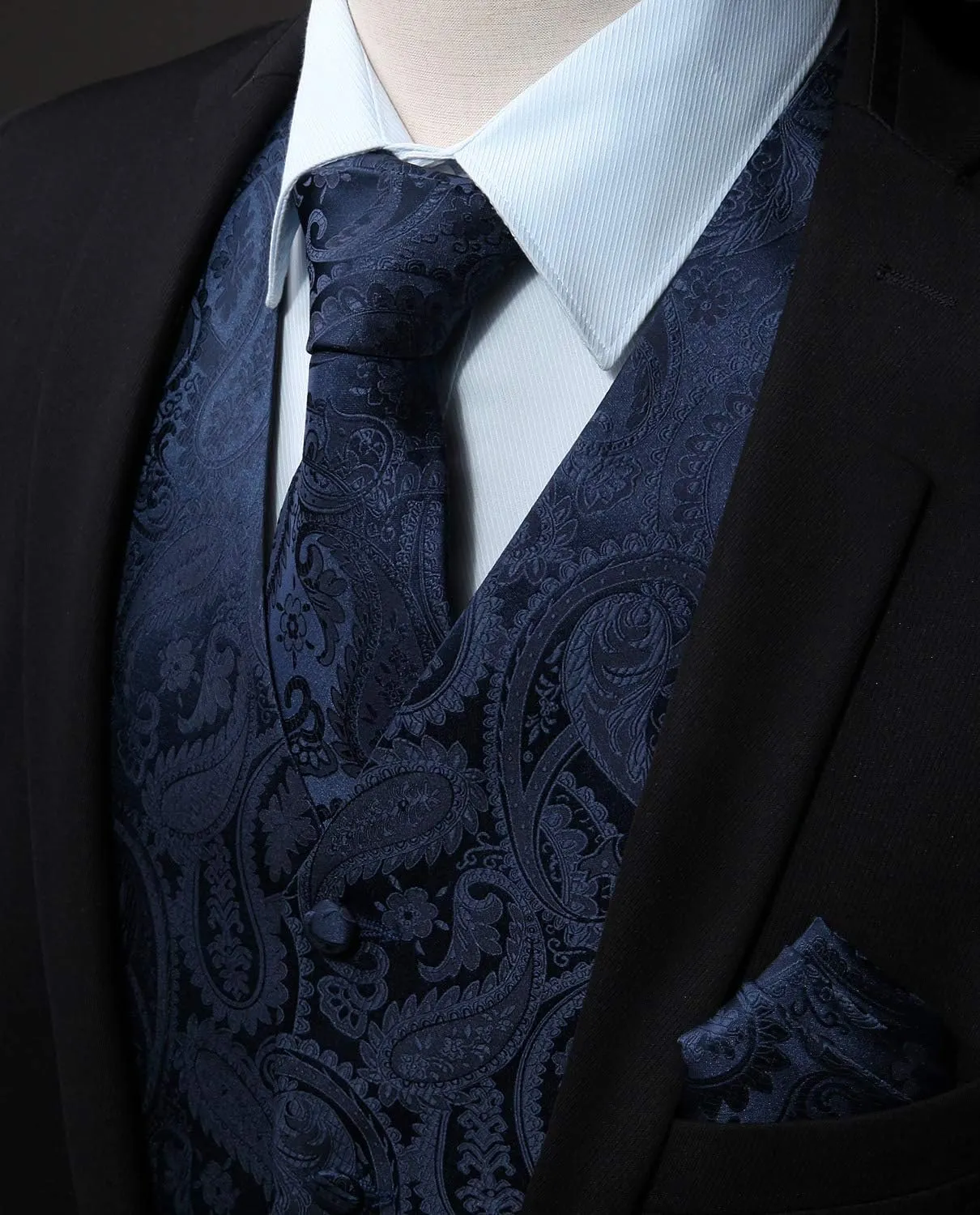 HISDERN Men's Vest Tie Set Paisley Floral Jacquard Necktie Pocket Square 3PCS Waistcoat for Suit or Tuxedo Wedding Party