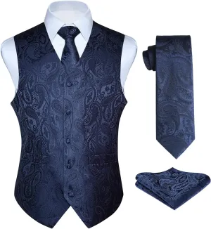 HISDERN Men's Vest Tie Set Paisley Floral Jacquard Necktie Pocket Square 3PCS Waistcoat for Suit or Tuxedo Wedding Party