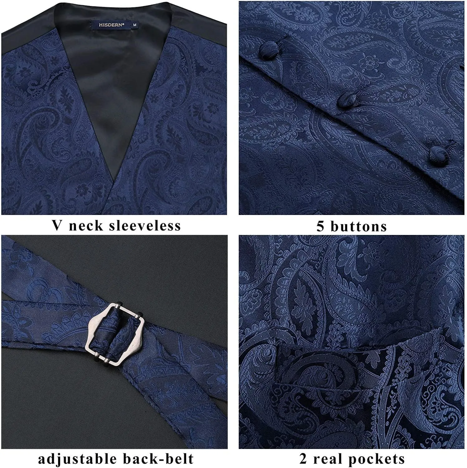 HISDERN Men's Vest Tie Set Paisley Floral Jacquard Necktie Pocket Square 3PCS Waistcoat for Suit or Tuxedo Wedding Party