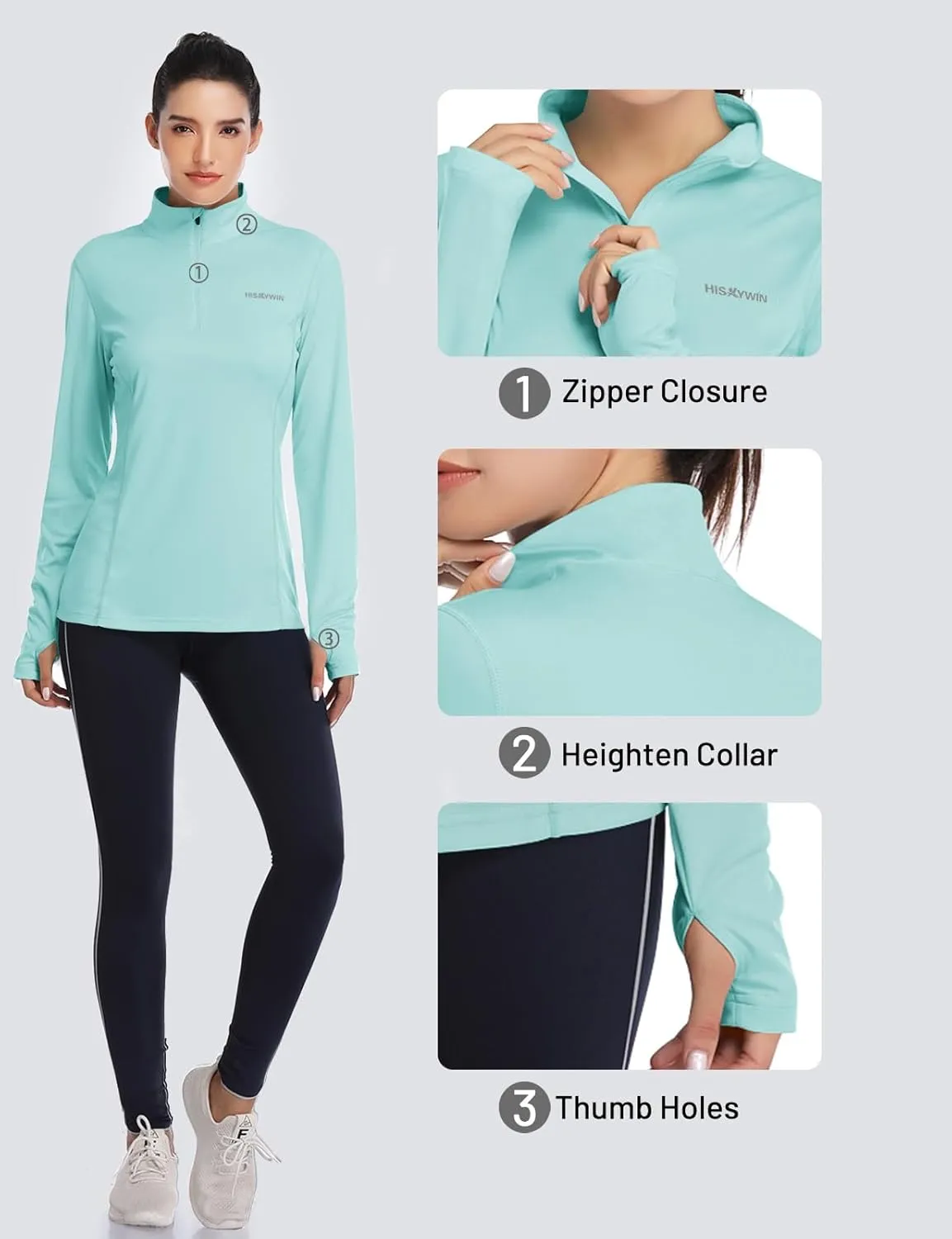 HISKYWIN Womens UPF 50  Sun Protection Tops Long Sleeve Half-Zip Thumb Hole Outdoor Workout Shirt