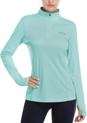 HISKYWIN Womens UPF 50  Sun Protection Tops Long Sleeve Half-Zip Thumb Hole Outdoor Workout Shirt