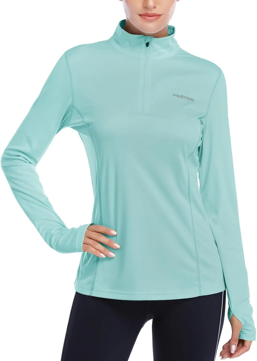 HISKYWIN Womens UPF 50  Sun Protection Tops Long Sleeve Half-Zip Thumb Hole Outdoor Workout Shirt