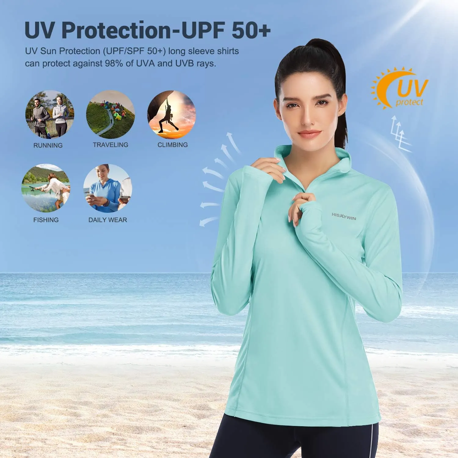HISKYWIN Womens UPF 50  Sun Protection Tops Long Sleeve Half-Zip Thumb Hole Outdoor Workout Shirt
