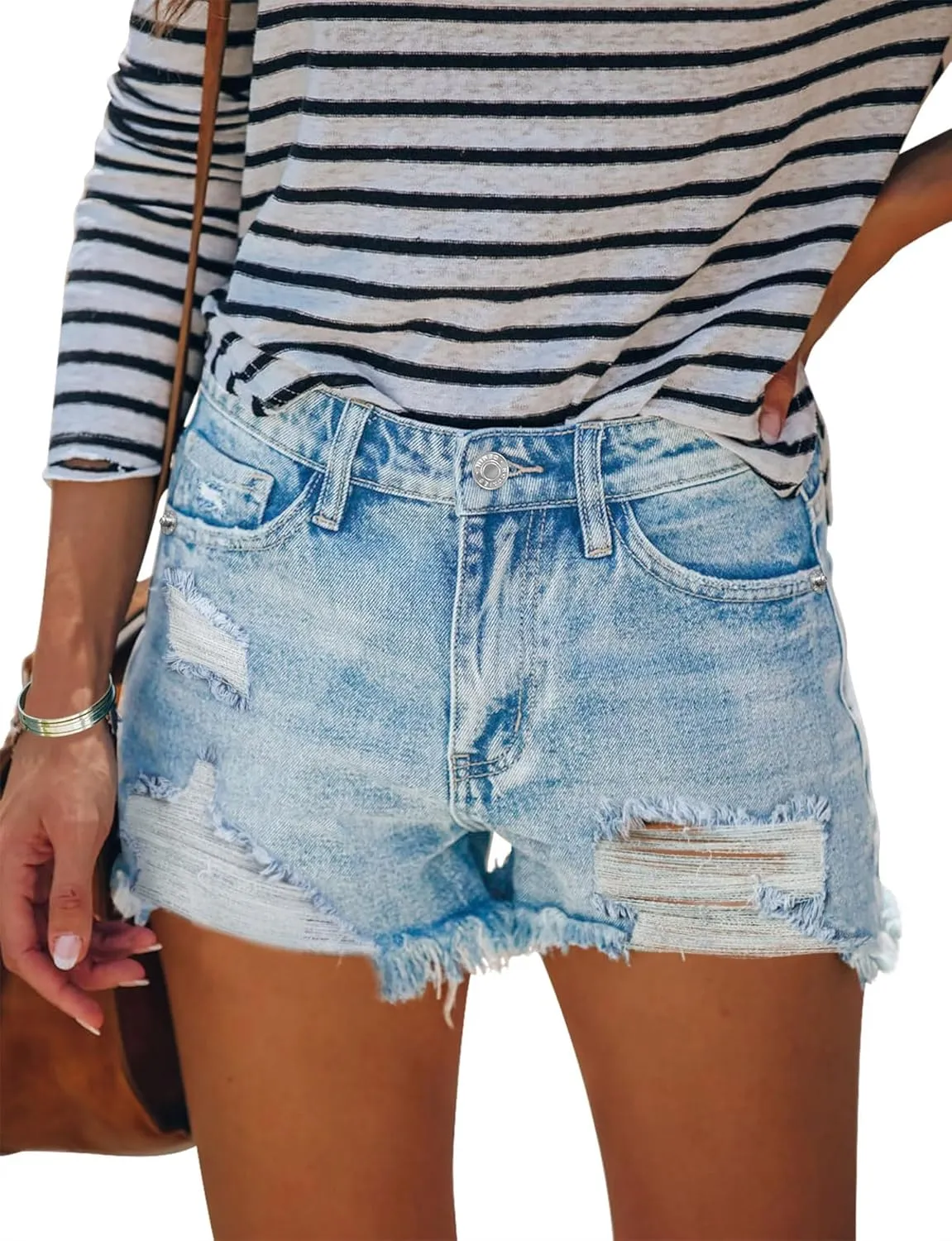 HOCAIES Women's Juniors Mid Rise Jean Shorts Folded Hem Denim Shorts for Women