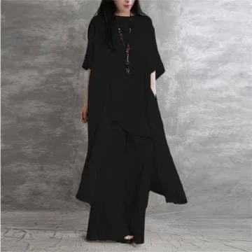 IVERIRMIN Womens Cotton Linen Two Piece Lounge Matching Sets Asymmetrical Short Sleeve Top Wide Leg Pantsuits 2 Piece Outfits