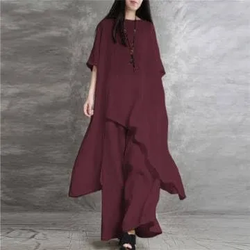 IVERIRMIN Womens Cotton Linen Two Piece Lounge Matching Sets Asymmetrical Short Sleeve Top Wide Leg Pantsuits 2 Piece Outfits