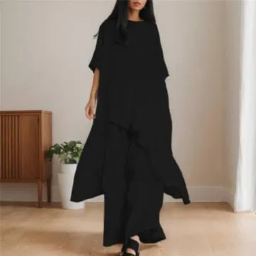 IVERIRMIN Womens Cotton Linen Two Piece Lounge Matching Sets Asymmetrical Short Sleeve Top Wide Leg Pantsuits 2 Piece Outfits
