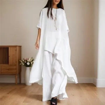 IVERIRMIN Womens Cotton Linen Two Piece Lounge Matching Sets Asymmetrical Short Sleeve Top Wide Leg Pantsuits 2 Piece Outfits