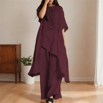 IVERIRMIN Womens Cotton Linen Two Piece Lounge Matching Sets Asymmetrical Short Sleeve Top Wide Leg Pantsuits 2 Piece Outfits