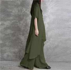 IVERIRMIN Womens Cotton Linen Two Piece Lounge Matching Sets Asymmetrical Short Sleeve Top Wide Leg Pantsuits 2 Piece Outfits