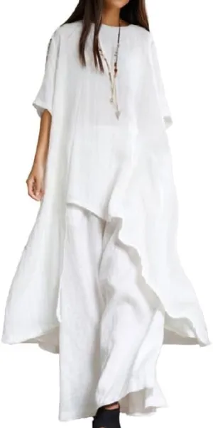 IVERIRMIN Womens Cotton Linen Two Piece Lounge Matching Sets Asymmetrical Short Sleeve Top Wide Leg Pantsuits 2 Piece Outfits