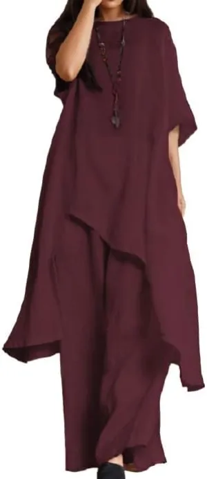 IVERIRMIN Womens Cotton Linen Two Piece Lounge Matching Sets Asymmetrical Short Sleeve Top Wide Leg Pantsuits 2 Piece Outfits