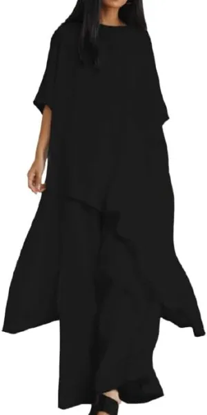 IVERIRMIN Womens Cotton Linen Two Piece Lounge Matching Sets Asymmetrical Short Sleeve Top Wide Leg Pantsuits 2 Piece Outfits
