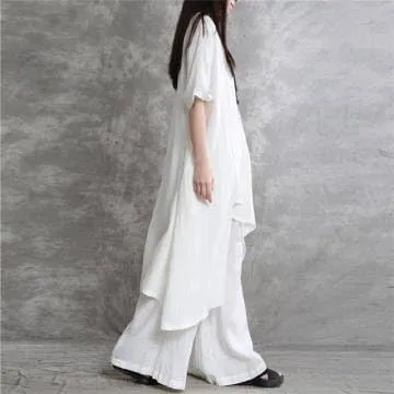 IVERIRMIN Womens Cotton Linen Two Piece Lounge Matching Sets Asymmetrical Short Sleeve Top Wide Leg Pantsuits 2 Piece Outfits