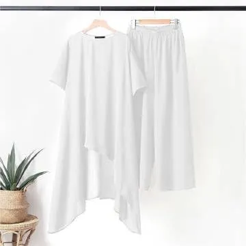 IVERIRMIN Womens Cotton Linen Two Piece Lounge Matching Sets Asymmetrical Short Sleeve Top Wide Leg Pantsuits 2 Piece Outfits