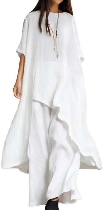 IVERIRMIN Womens Cotton Linen Two Piece Lounge Matching Sets Asymmetrical Short Sleeve Top Wide Leg Pantsuits 2 Piece Outfits