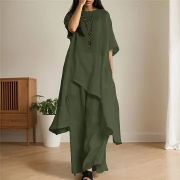 IVERIRMIN Womens Cotton Linen Two Piece Lounge Matching Sets Asymmetrical Short Sleeve Top Wide Leg Pantsuits 2 Piece Outfits