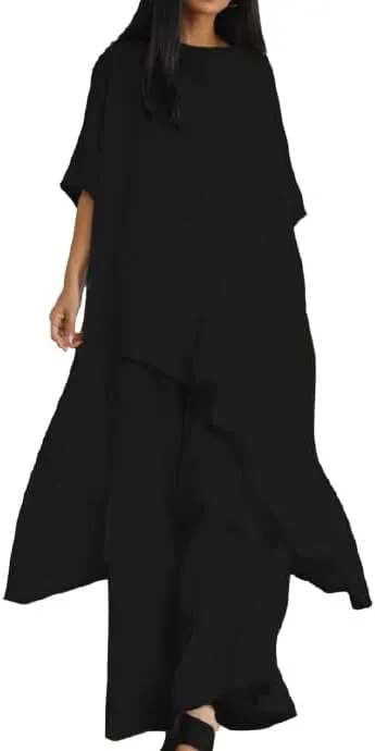 IVERIRMIN Womens Cotton Linen Two Piece Lounge Matching Sets Asymmetrical Short Sleeve Top Wide Leg Pantsuits 2 Piece Outfits