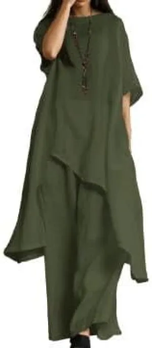 IVERIRMIN Womens Cotton Linen Two Piece Lounge Matching Sets Asymmetrical Short Sleeve Top Wide Leg Pantsuits 2 Piece Outfits