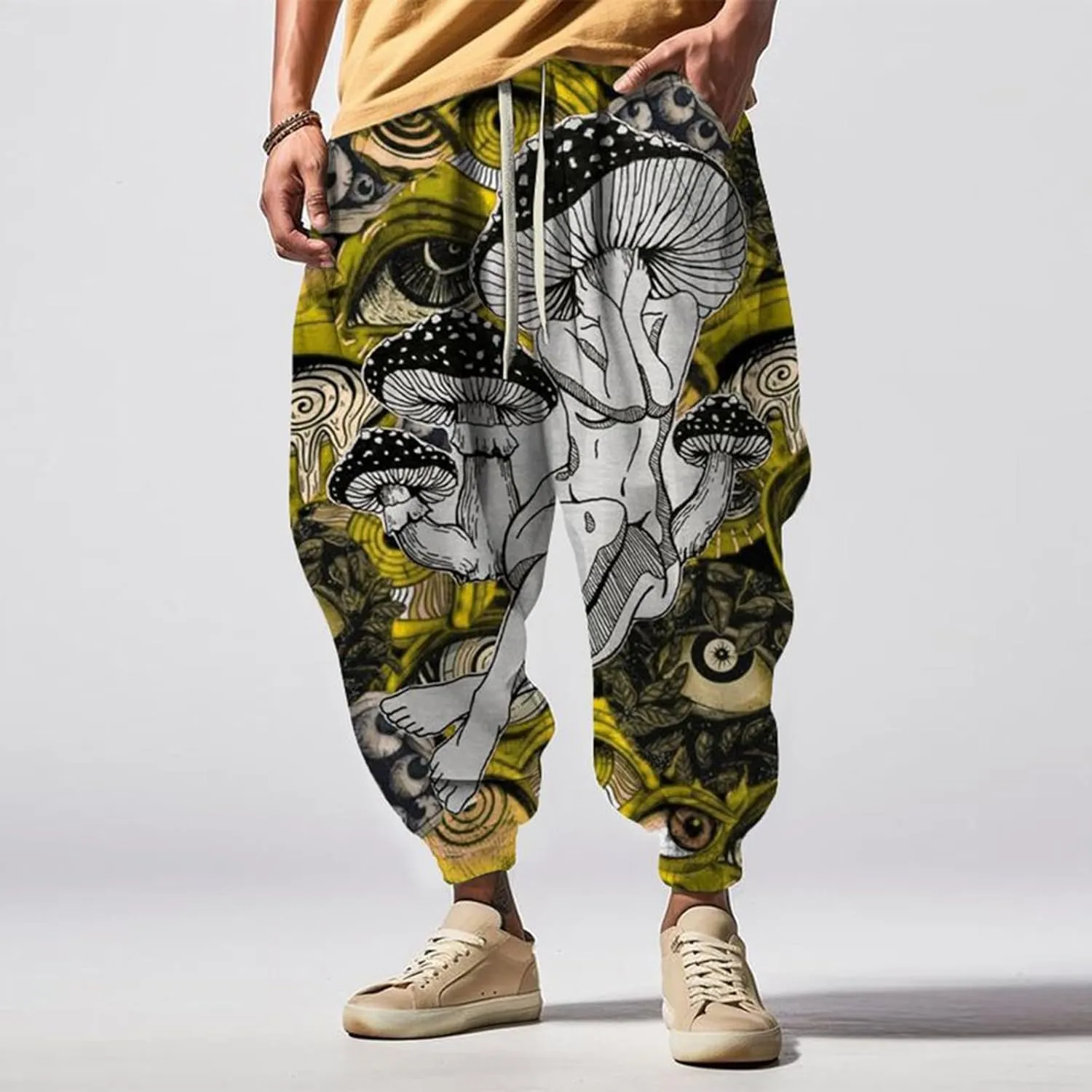 Japanese Drop Crotch Trousers Casual Drawstring Men Elastic Waist with Pockets Waist Men's Mens Hip Hop Harem Pants