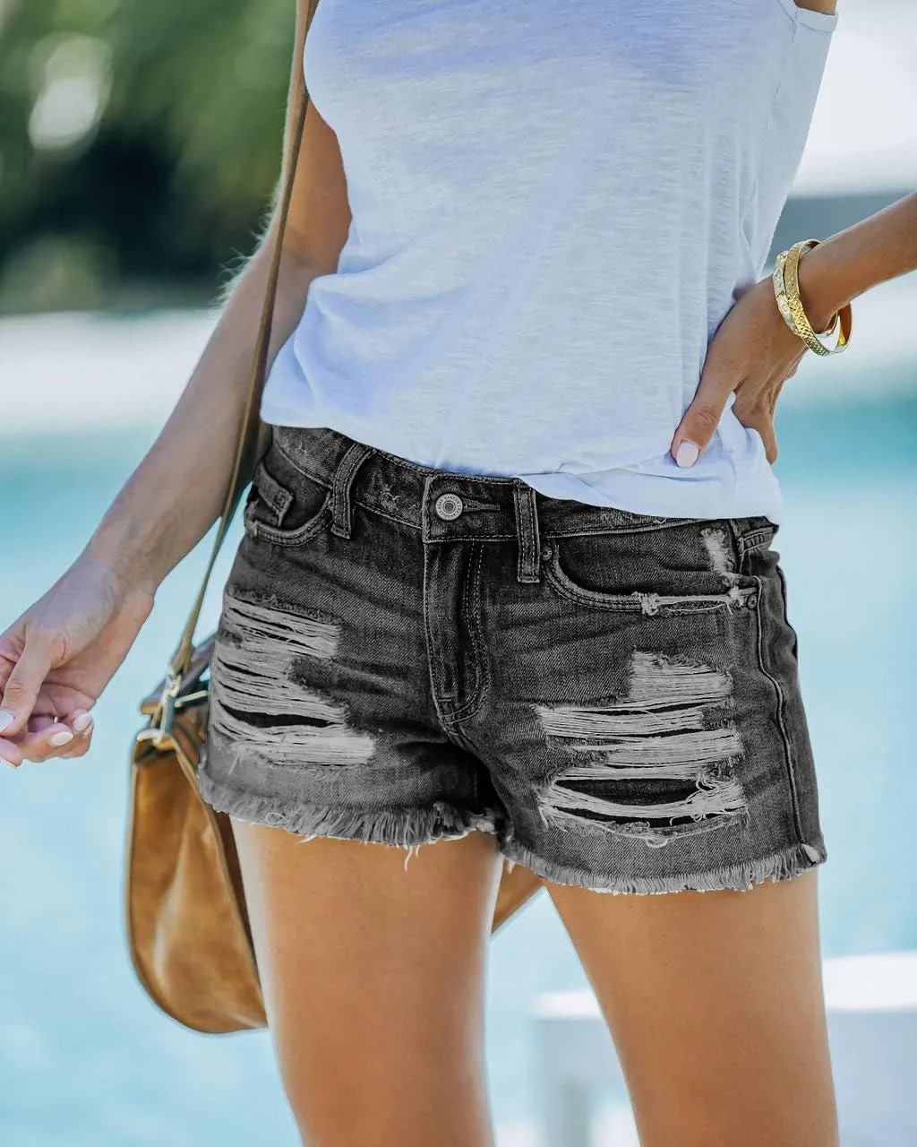 Jumppmile Womens Ripped Denim Shorts Mid Waisted Stretchy Frayed Raw Hem Denim Shorts