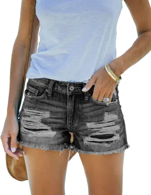Jumppmile Womens Ripped Denim Shorts Mid Waisted Stretchy Frayed Raw Hem Denim Shorts