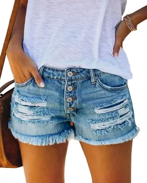 Jumppmile Womens Ripped Denim Shorts Mid Waisted Stretchy Frayed Raw Hem Denim Shorts