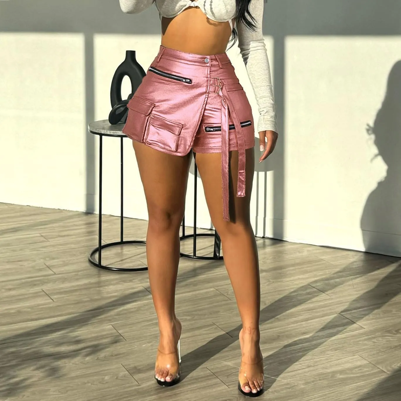 KELYWELL Women's Summer Metallic Cargo Shorts High Waist Shiny Sexy Rave Shorts Sexy Asymmetrical Bodycon Mini Skorts