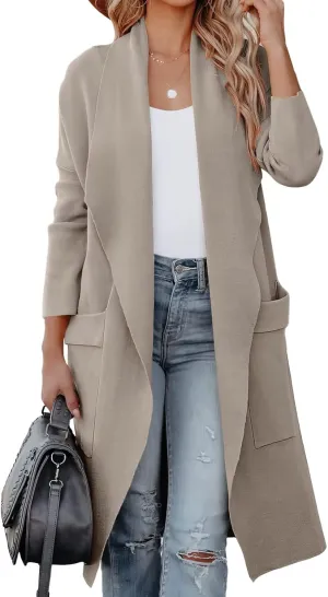 kinstell Women's Casual Long Sleeve Open Front Knit Draped Long Cardigan Jackets Sweater Coat with Pockets
