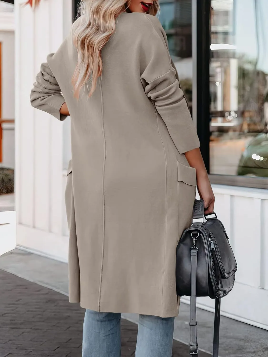 kinstell Women's Casual Long Sleeve Open Front Knit Draped Long Cardigan Jackets Sweater Coat with Pockets
